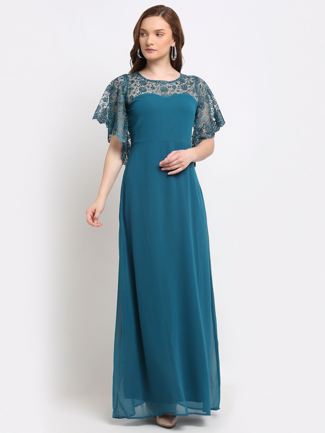 

La Zoire Woman Turquoise Blue Embellished Georgette Maxi Dress