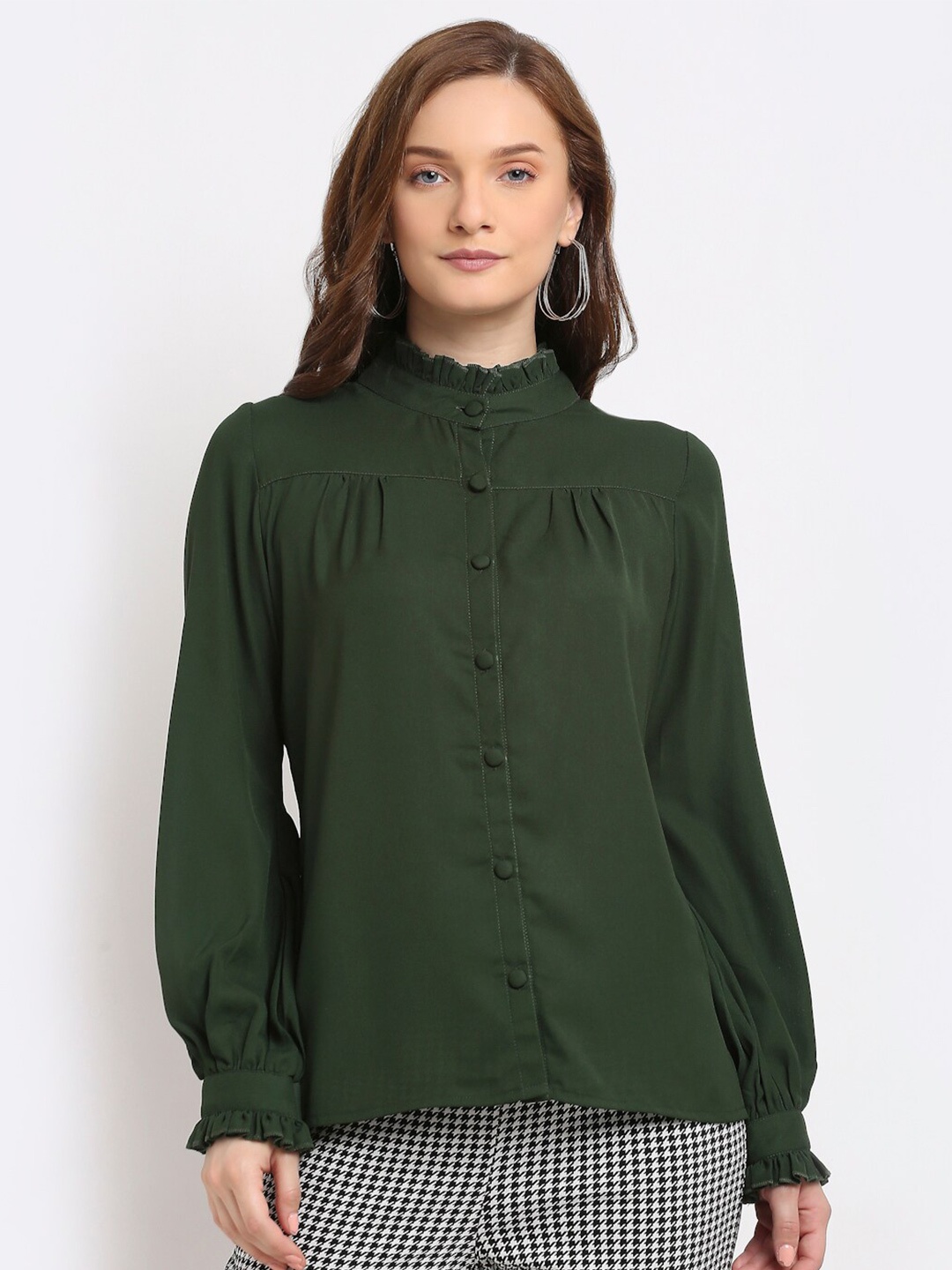 

La Zoire Woman Olive Green Mandarin Collar Georgette Shirt Style Top