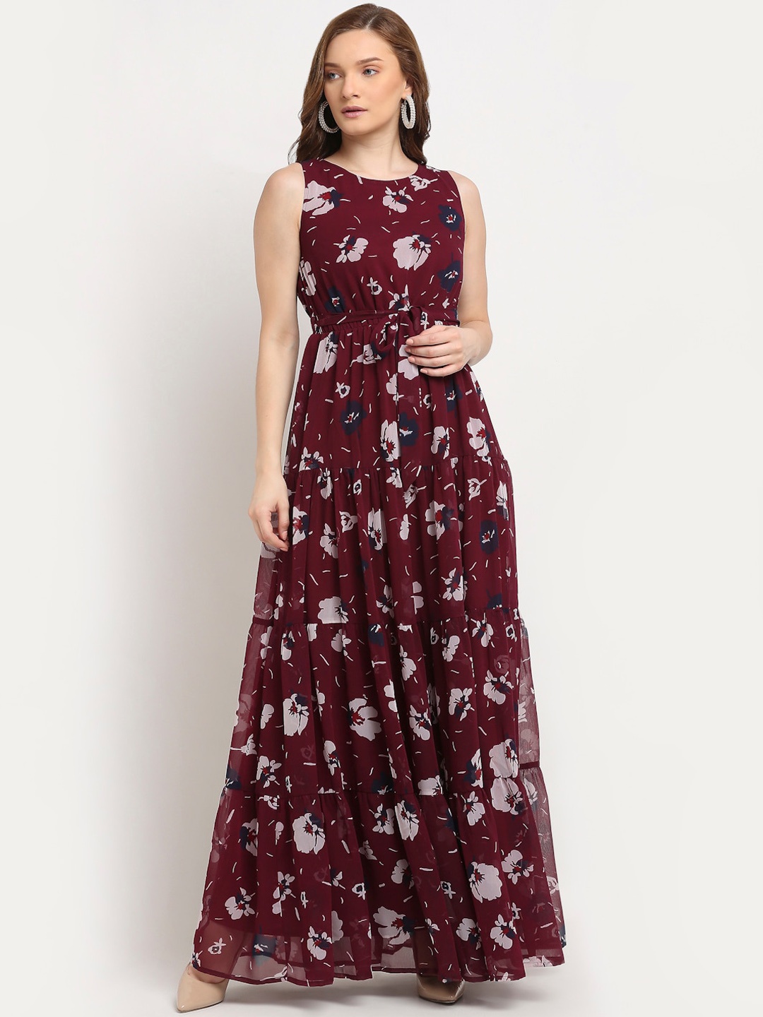 

La Zoire Maroon & White Floral Georgette Maxi Dress