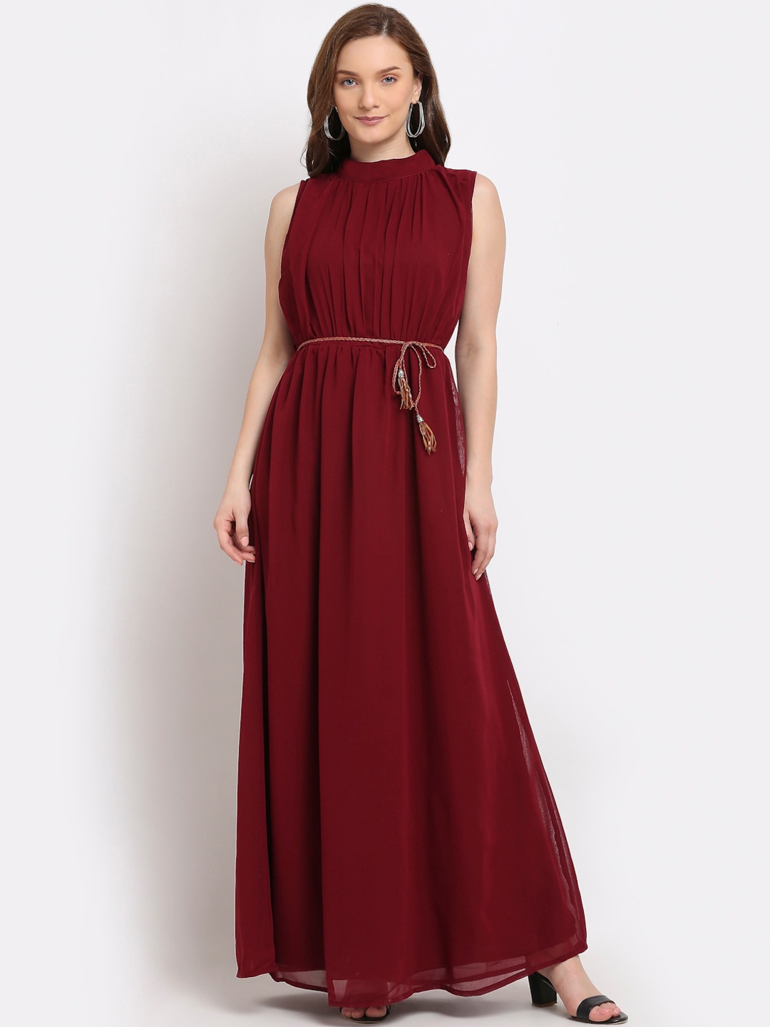 

La Zoire Maroon Georgette Belted Maxi Dress