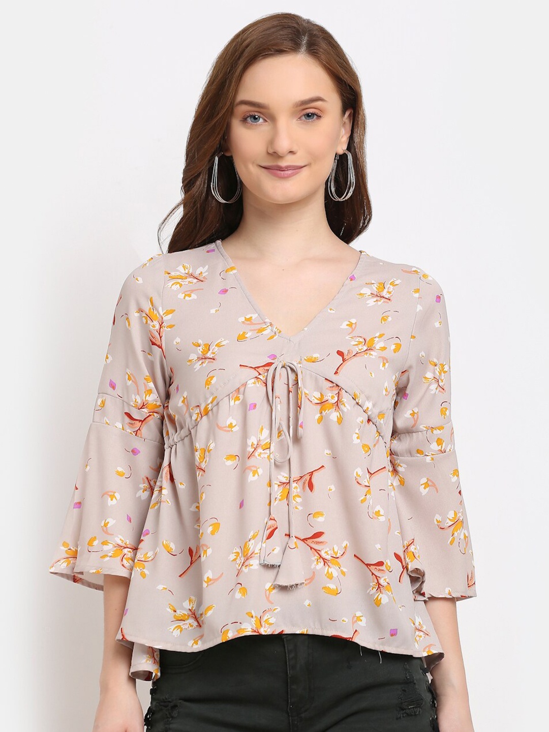 

La Zoire Brown Floral Layered Georgette A-Line Top