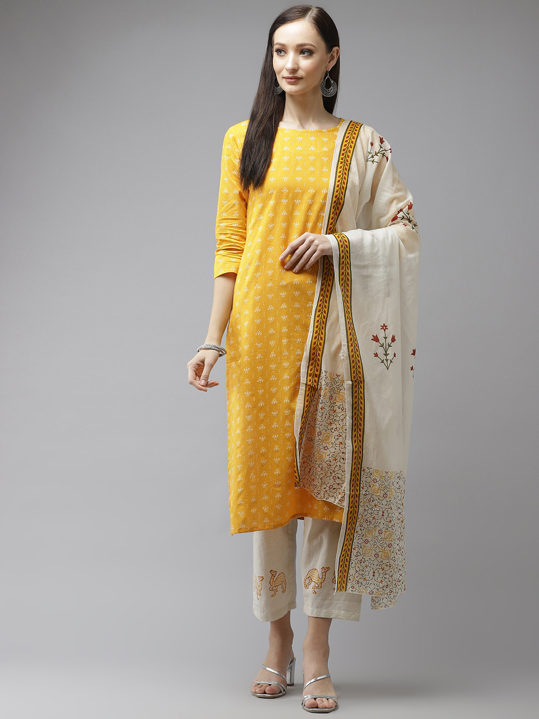 

Yufta Women Mustard Yellow Ethnic Motifs Printed Regular Pure Cotton Kurta with Trousers & With Dupatta