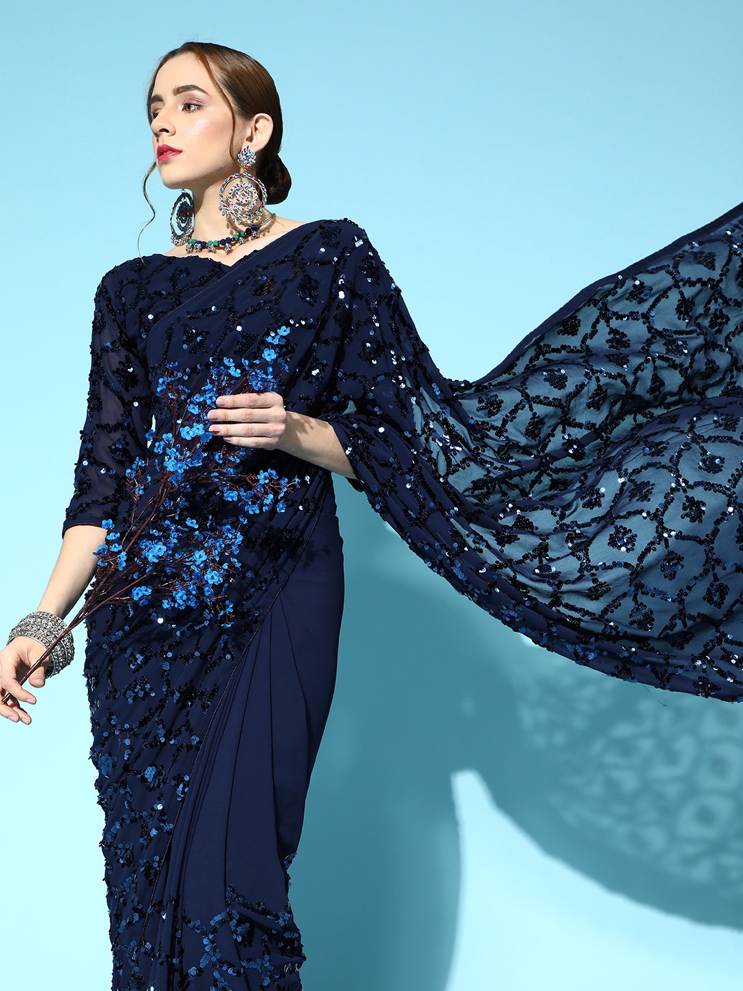 

Mitera Woven Design Saree, Navy blue