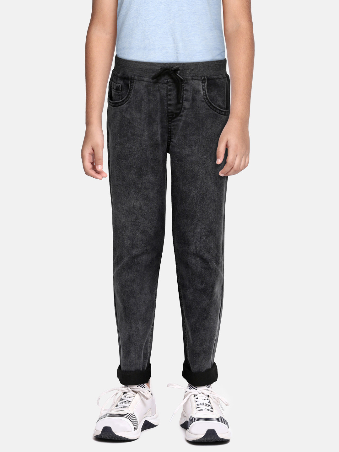 

HERE&NOW Boys Charcoal Grey Slim Fit Mid-Rise Heavy Fade Acid Wash Stretchable Jeans