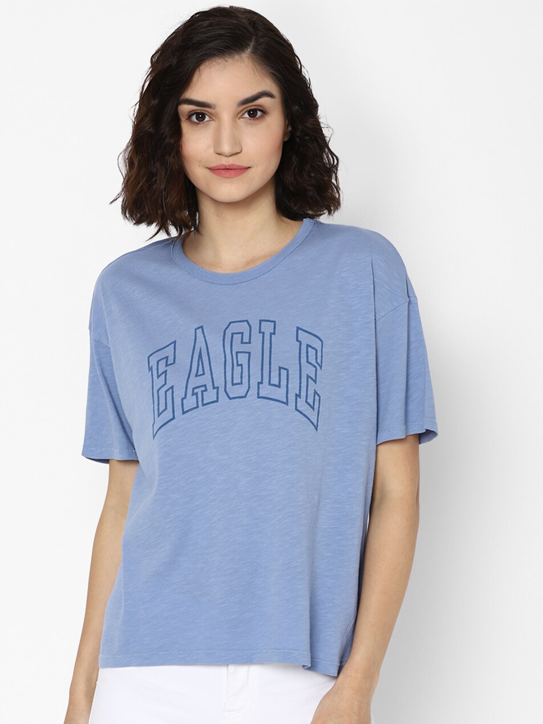 

AMERICAN EAGLE OUTFITTERS Women Blue Typography Printed Pure Cotton T-shirt