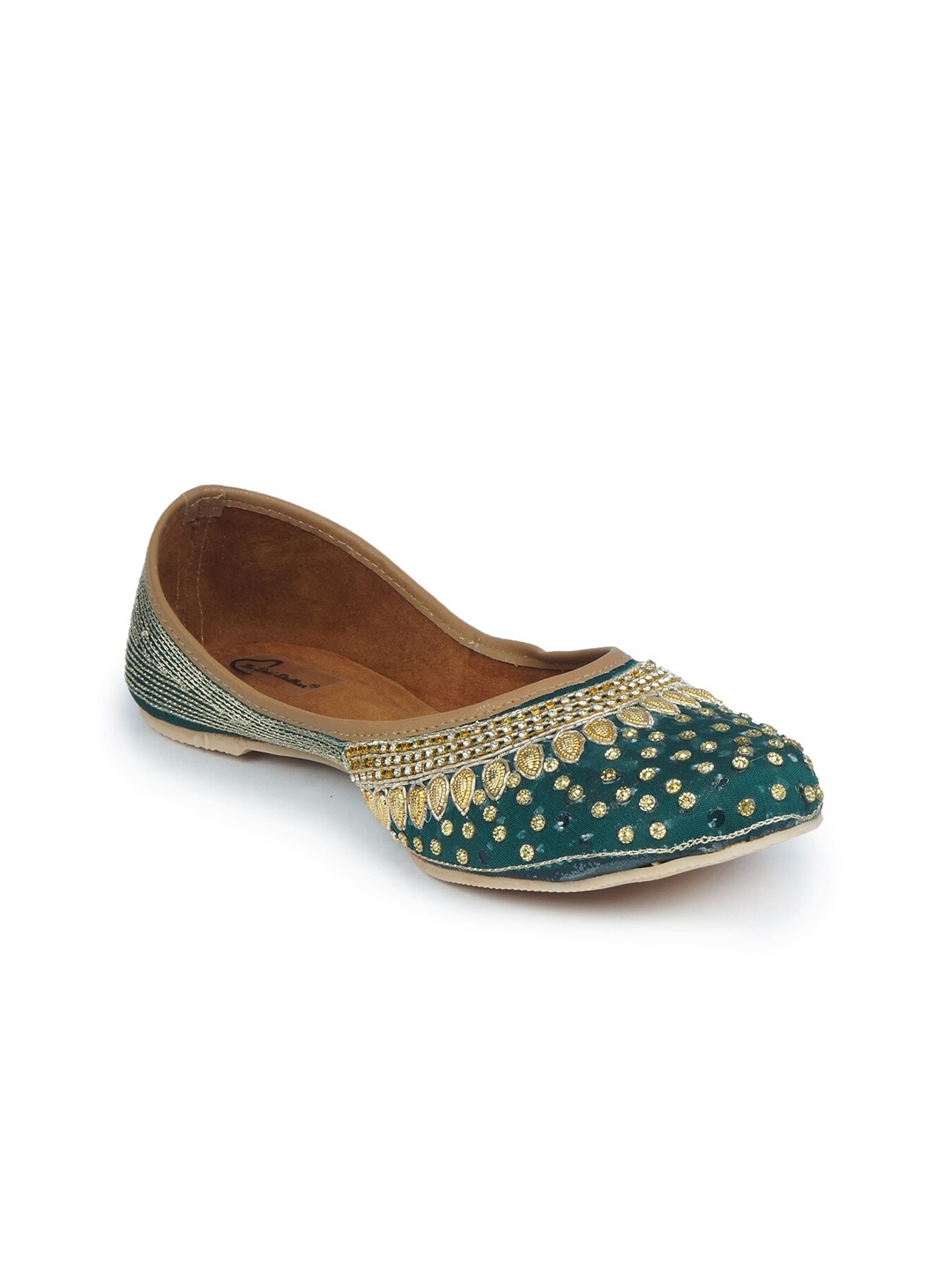 

The Desi Dulhan Women Green Embellished Leather Ethnic Mojaris Flats