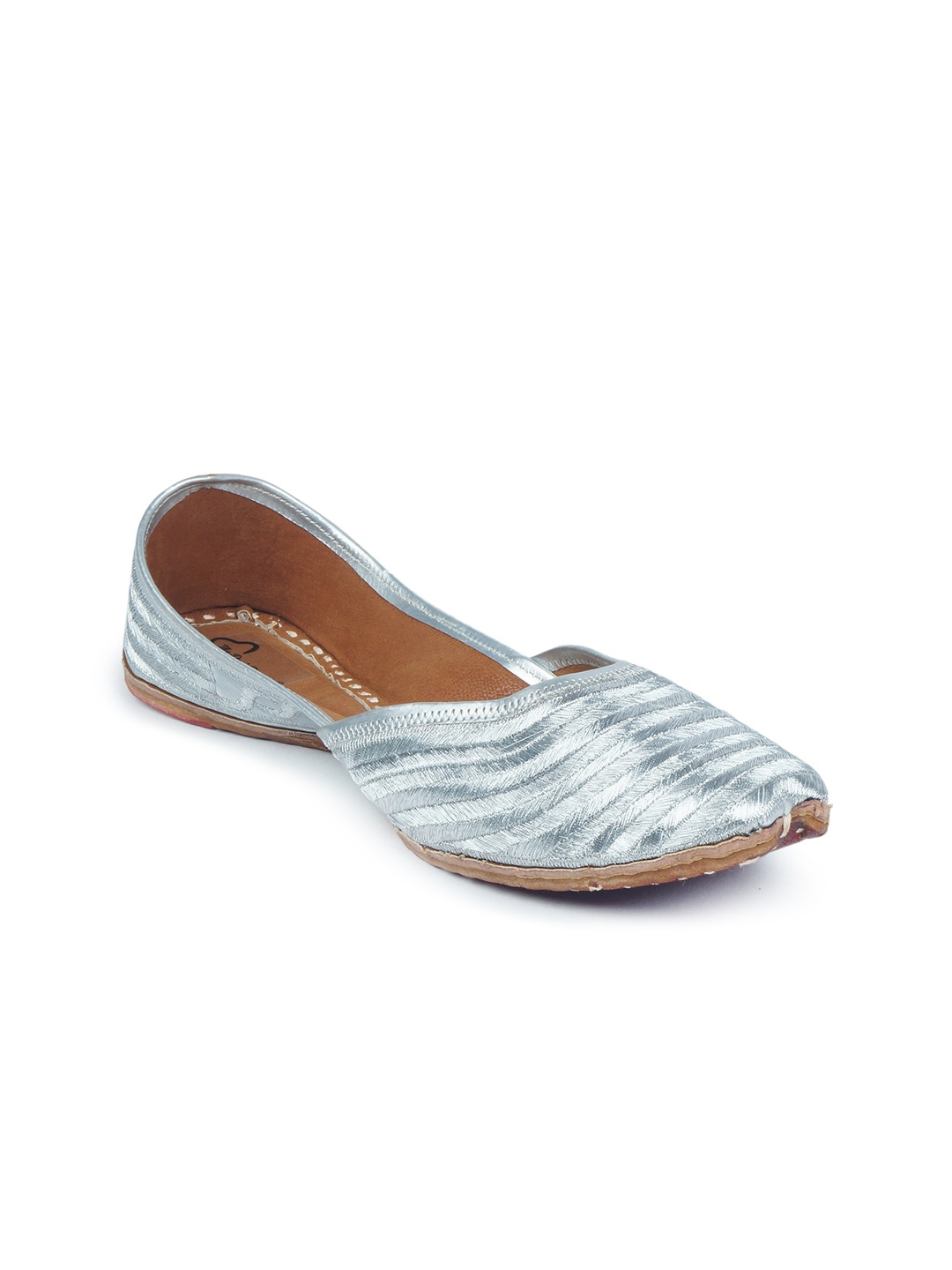

The Desi Dulhan Women Silver-Toned Striped Leather Party Mojaris Flats