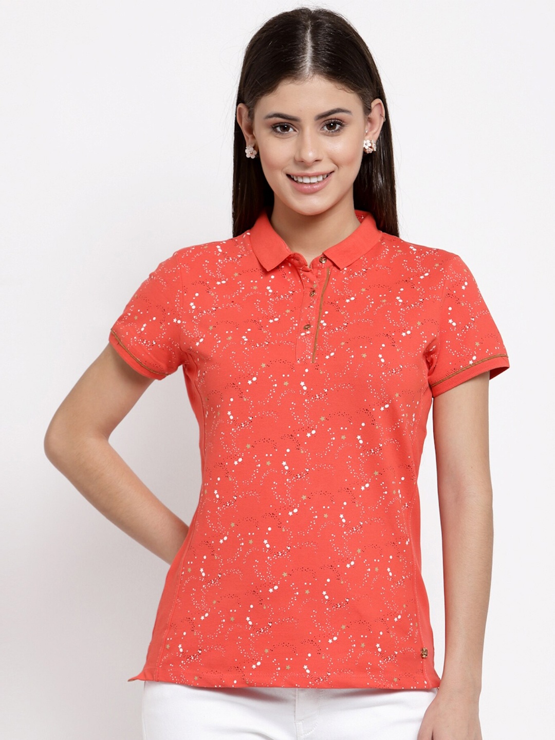 

Juelle Women Coral & White Printed Polo Collar Cotton T-shirt