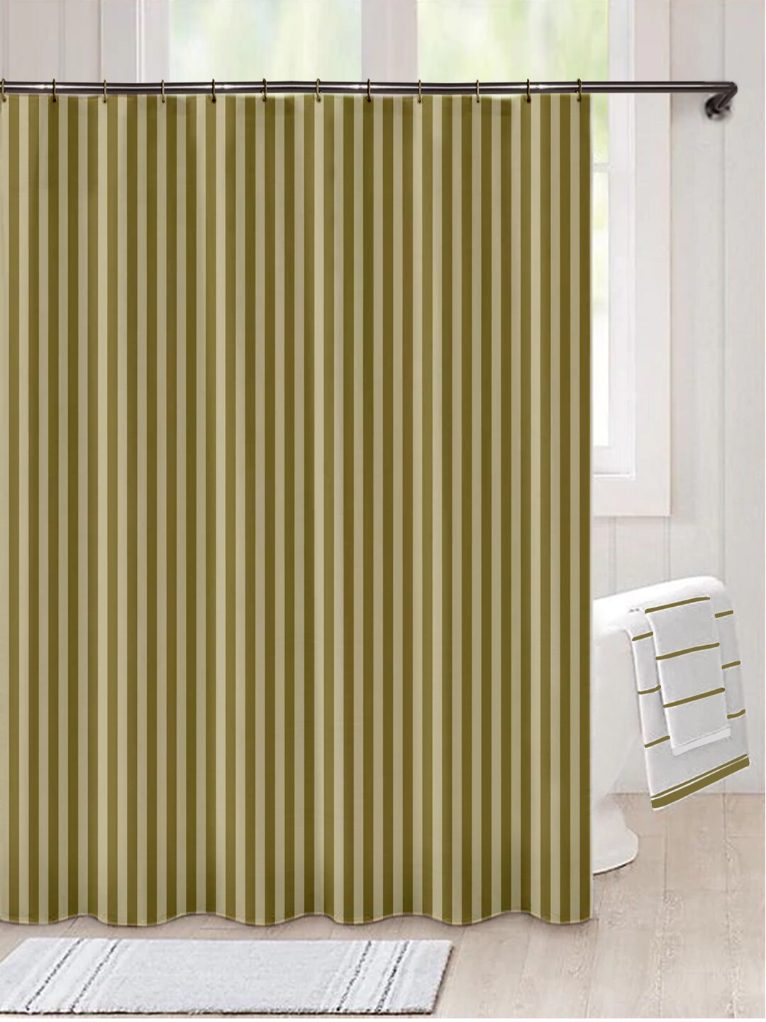 

Lushomes Green Striped Water Repellent Shower Curtain