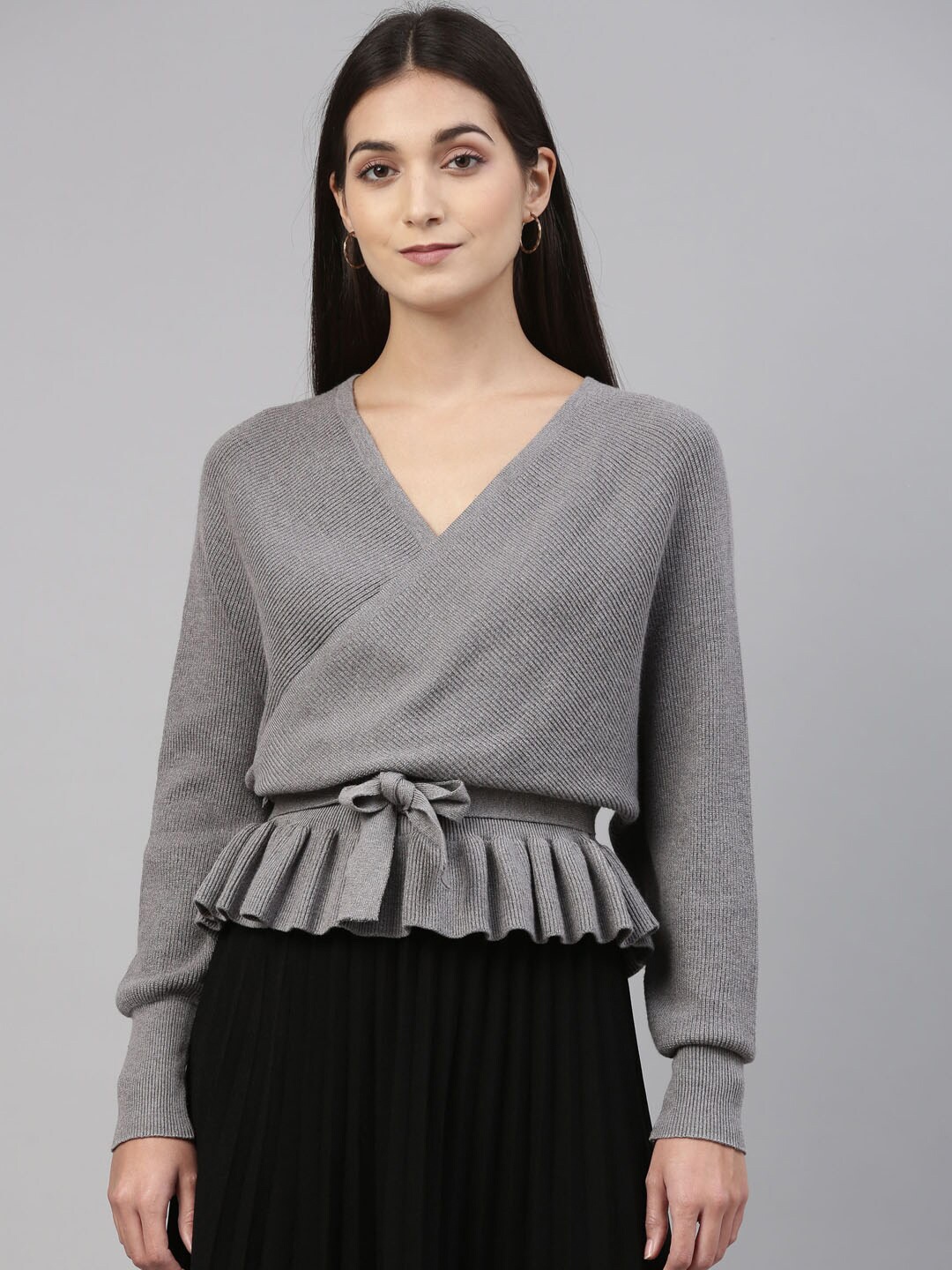 

Insua Women Grey Pullover with Belted Detail Sweater