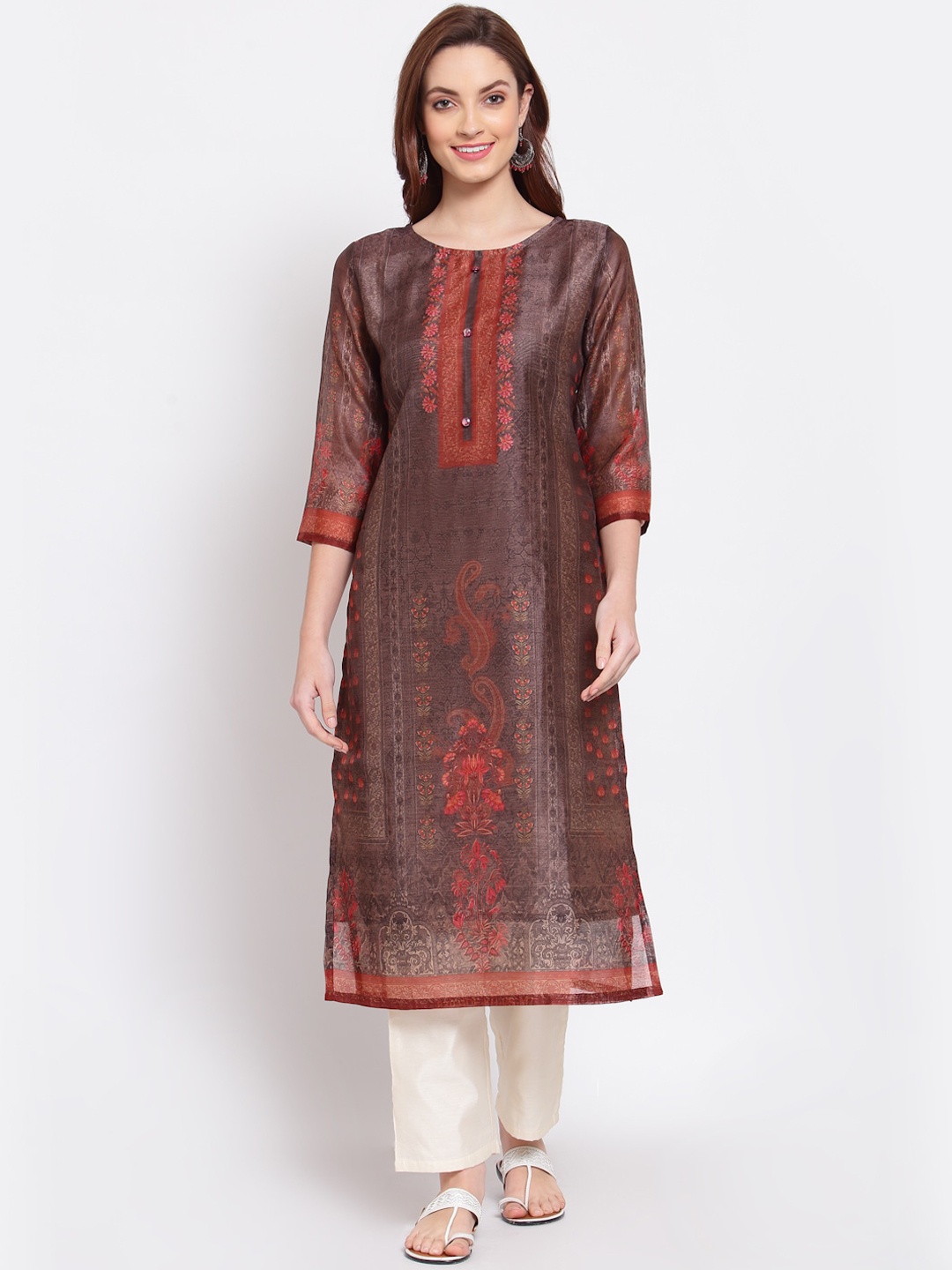 

Myshka Women Brown Ethnic Motifs Printed Chanderi Silk Chanderi Silk Kurta