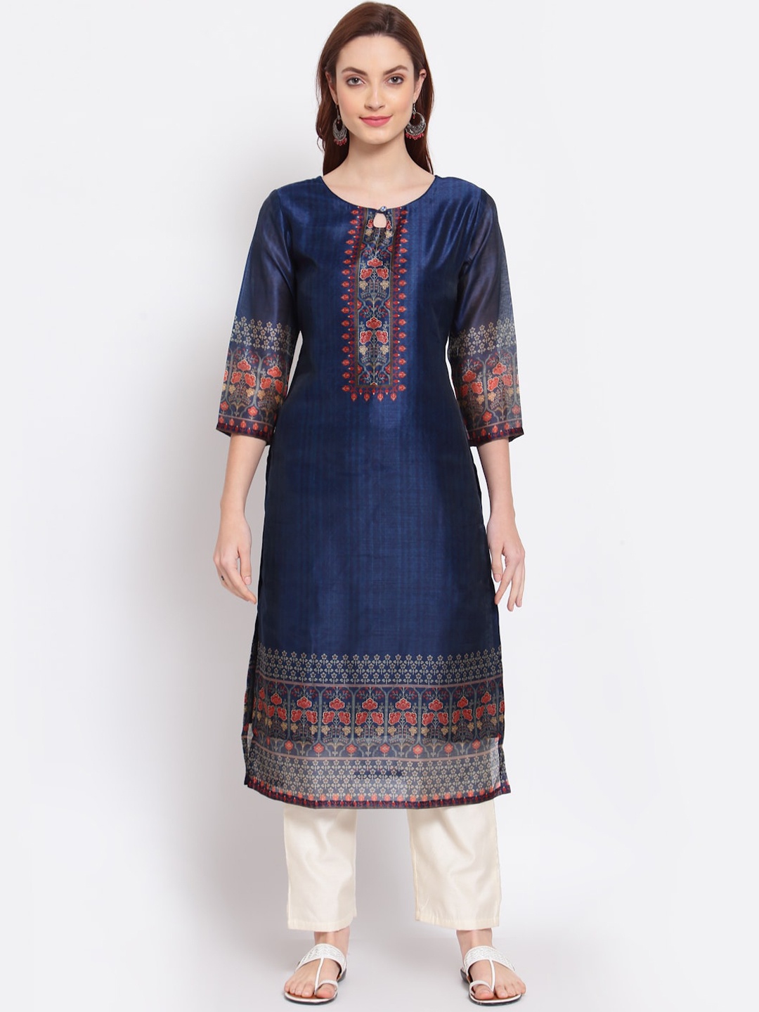 

Myshka Women Navy Blue Ethnic Motifs Printed Keyhole Neck Chanderi Silk Kurta