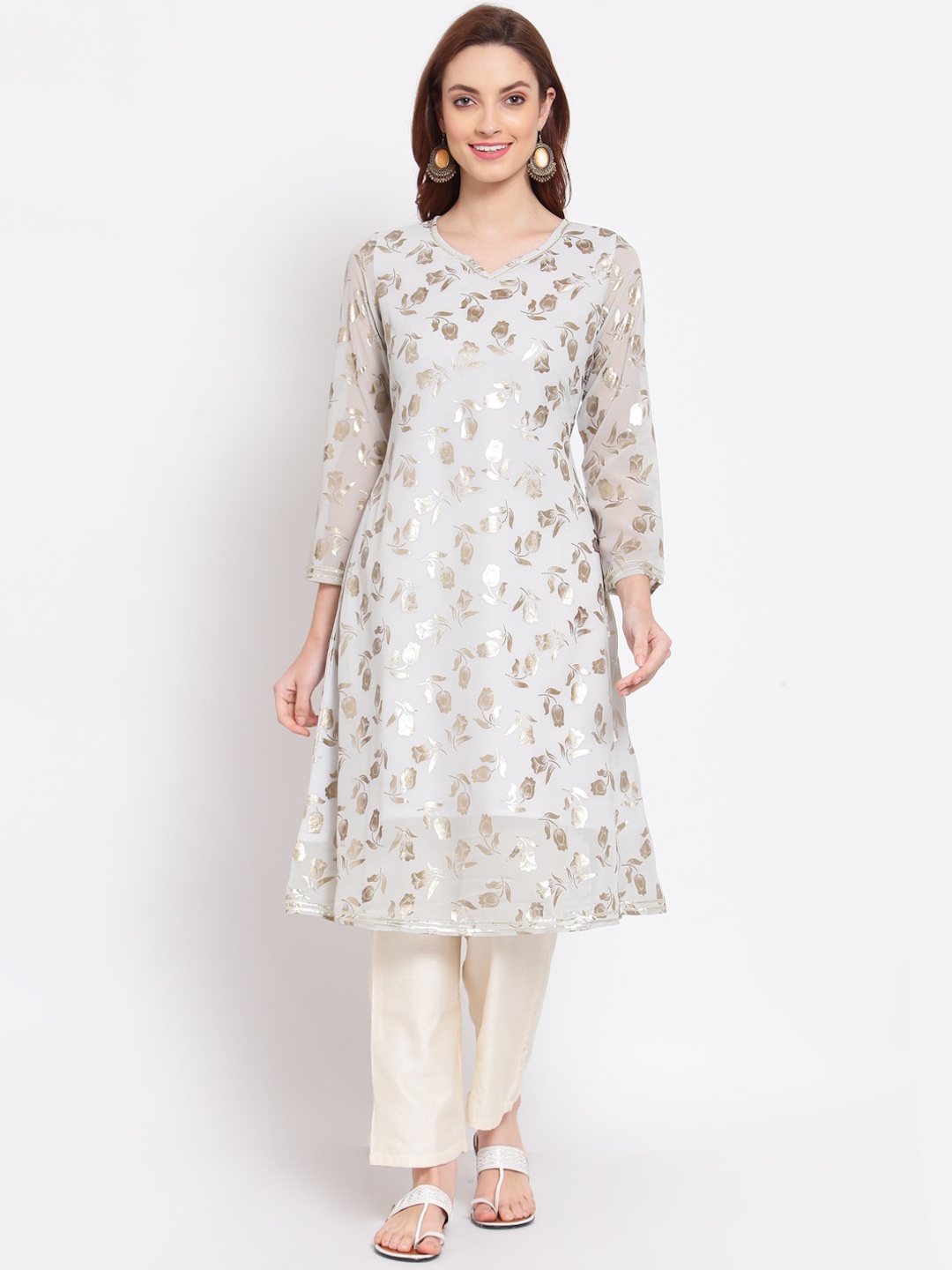

Myshka Women Grey Floral Printed Georgette Kurta