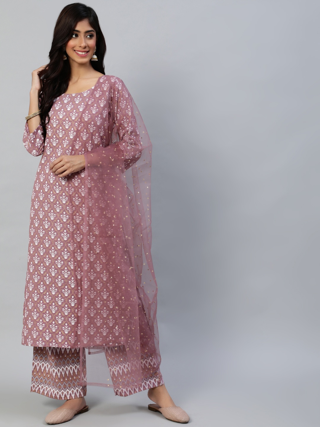 

Nayo Women Pink & White Floral Printed Regular Kurta with Palazzos & Dupatta