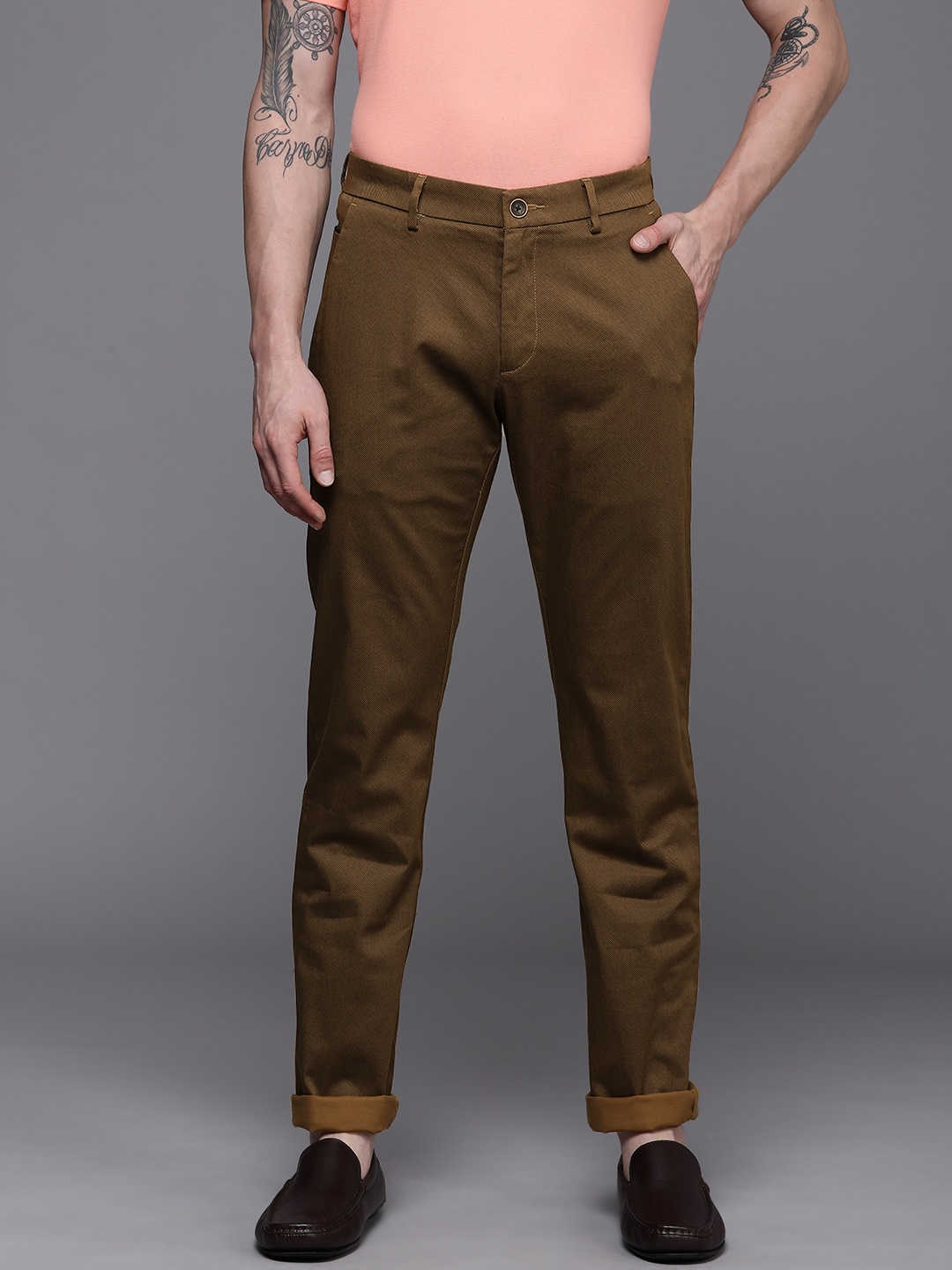 

Allen Solly Men Khaki Printed Slim Fit Regular Trousers