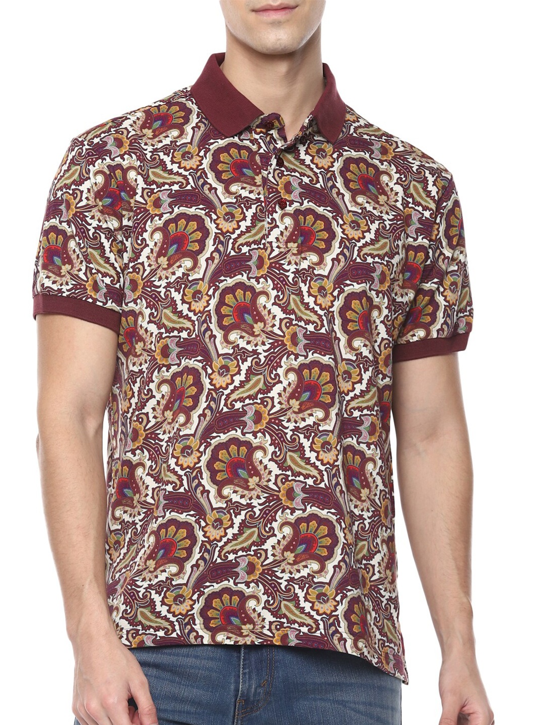 

ETRO Men Red & Off White Floral Printed Polo Collar T-shirt