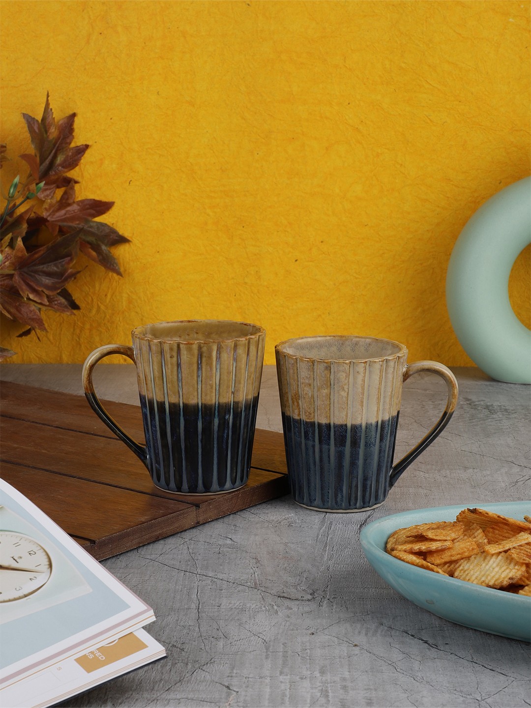 

MIAH Decor Set Of 2 Grey & Beige Hand Painted Textured Ceramic Glossy Mugs