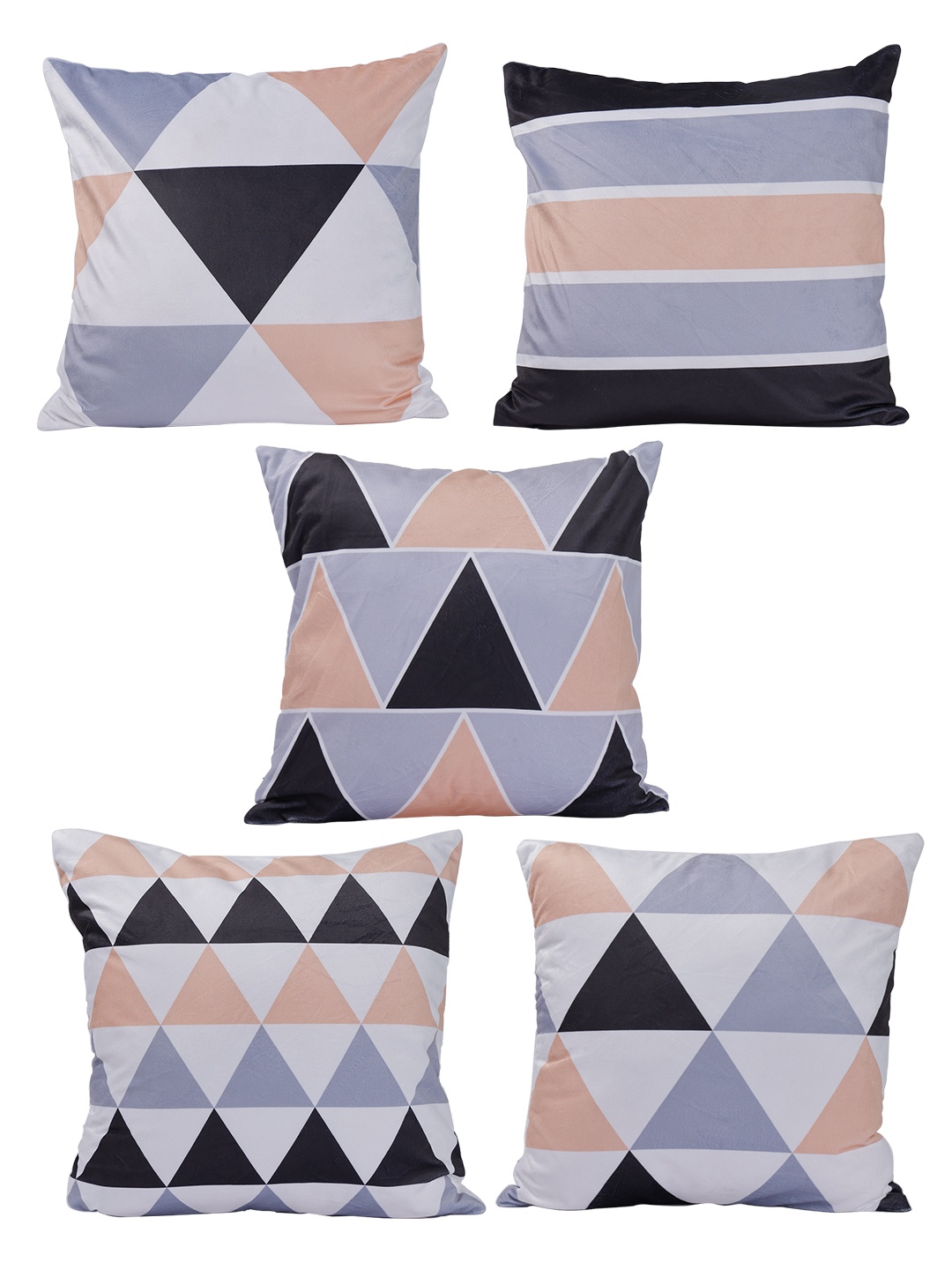 

ROMEE Beige & Grey Set of 5 Geometric Velvet Square Cushion Covers