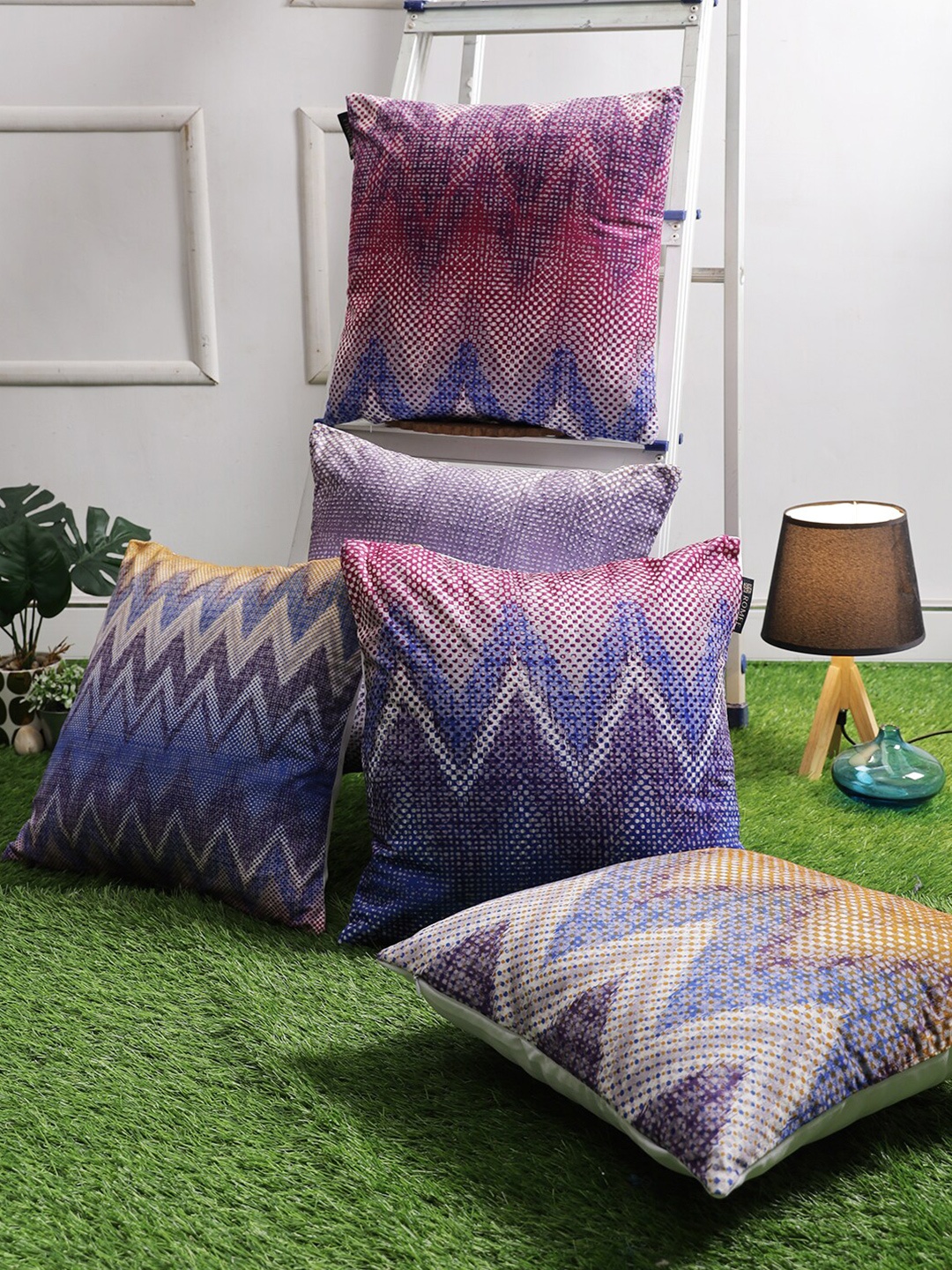 

ROMEE Blue & Pink Set of 5 Geometric Velvet Square Cushion Covers