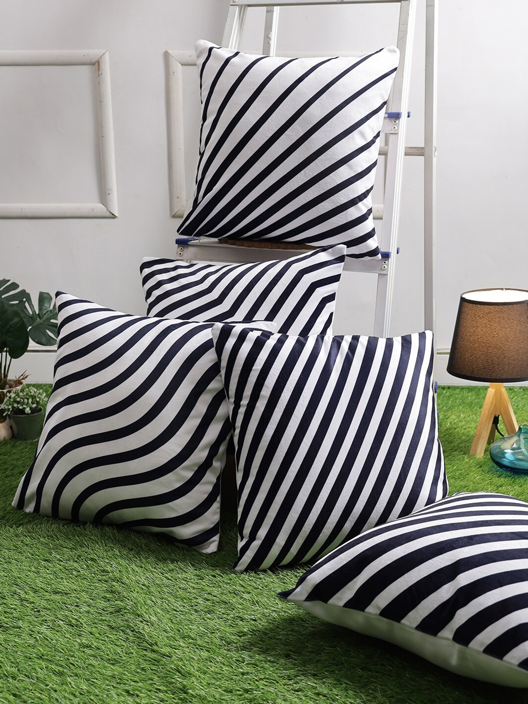 

ROMEE White & Black Set of 5 Striped Velvet Square Cushion Covers
