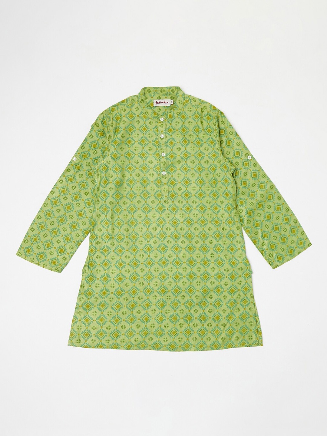

Fabindia Boys Green Quirky Printed Flared Sleeves Thread Work Kurta