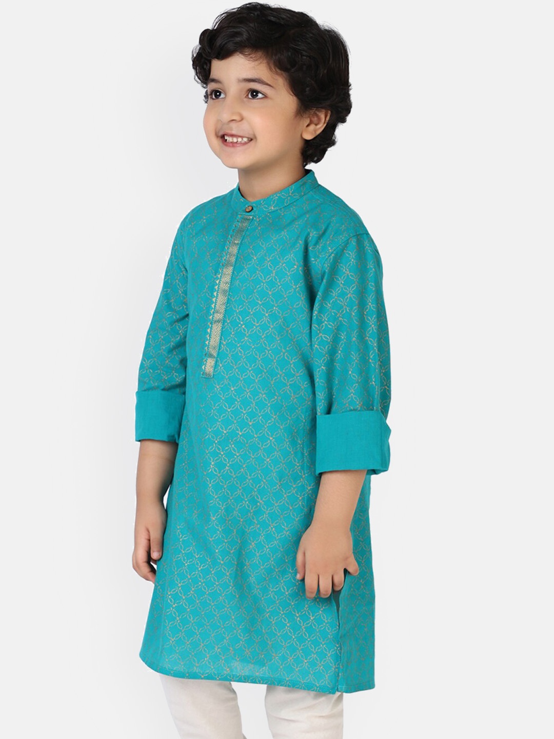 

Fabindia Boys Teal & Gold-Toned Ethnic Motifs Printed Straight Kurta