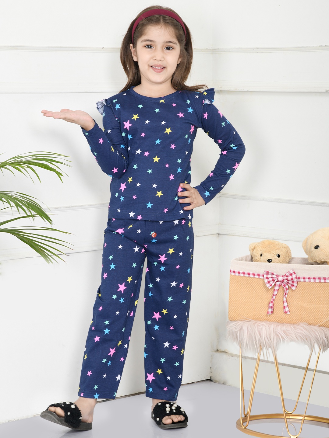 

LilPicks Girls Blue Stars Printed Nightsuit