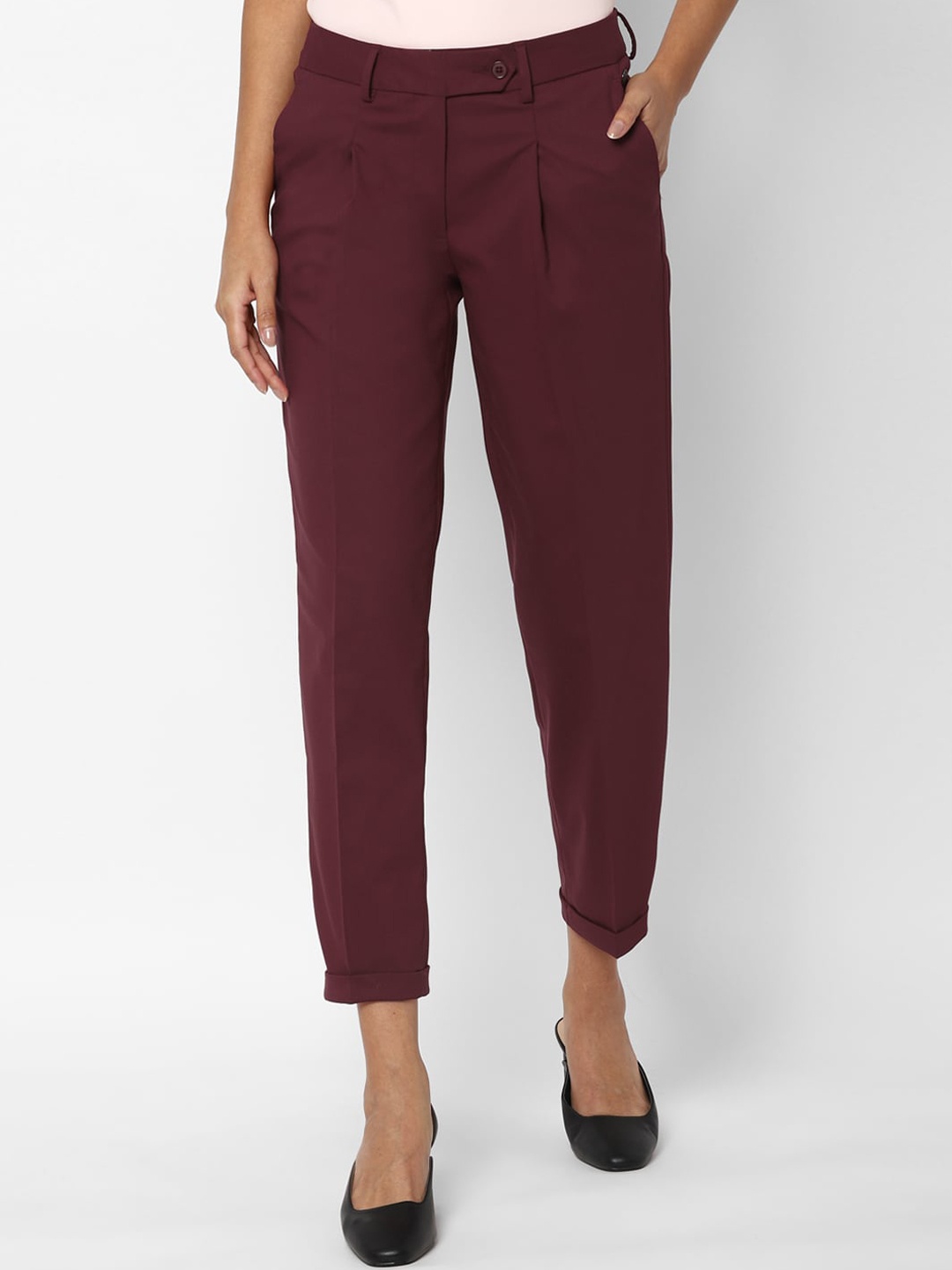 

Allen Solly Woman Women Maroon Slim Fit Pleated Trousers