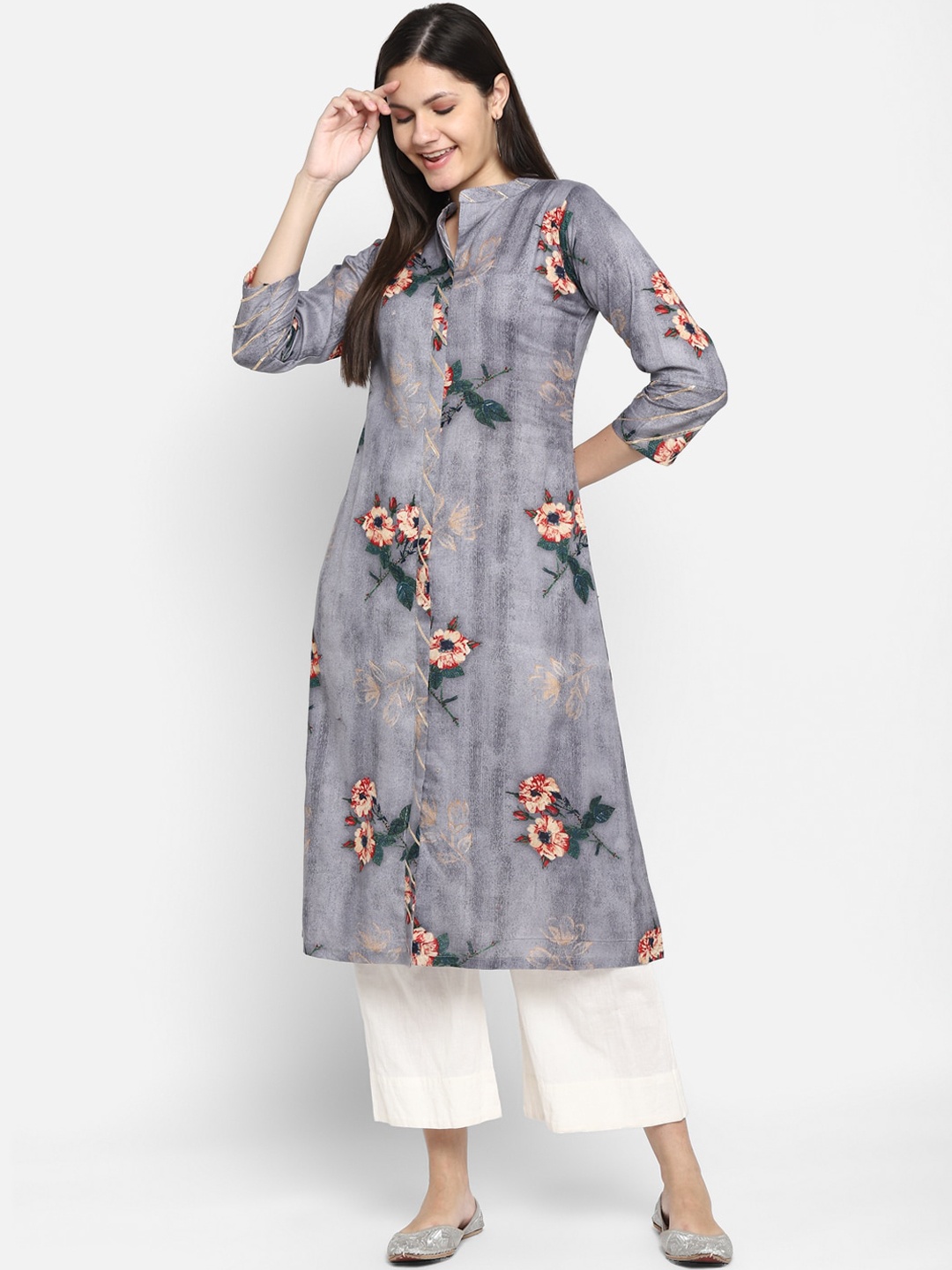 

VAABA Women Grey & Red Floral Printed Kurta
