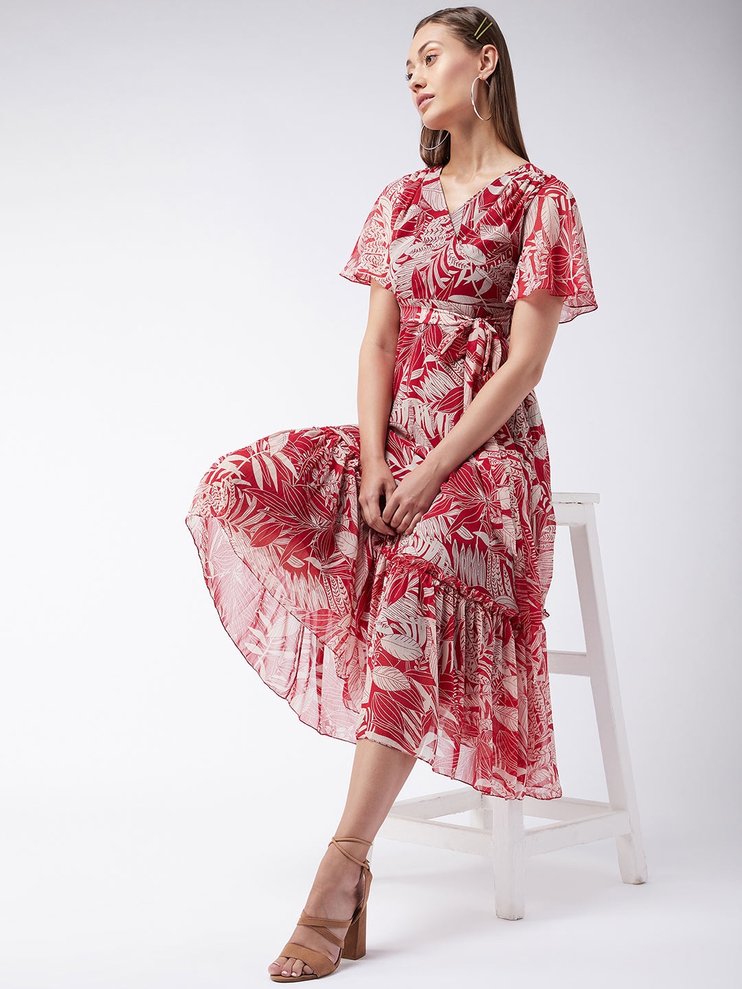 

Miss Chase Maroon & Peach-Coloured Tropical Printed Gathered Chiffon Midi Dress