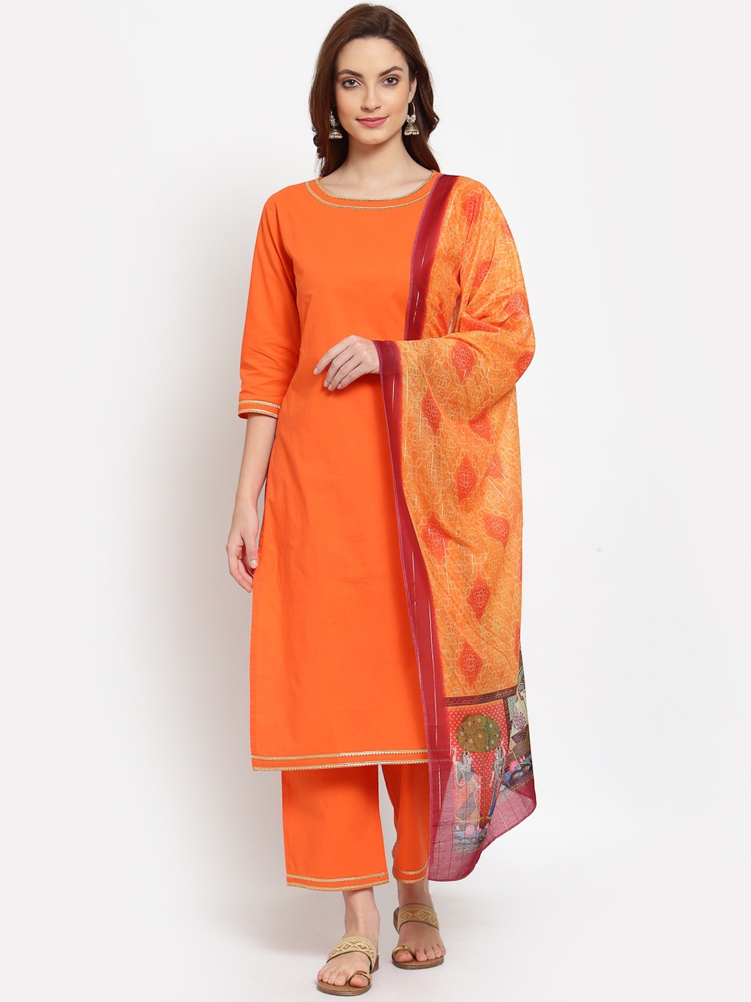 

Myshka Women Orange Layered Pure Cotton Kurta with Palazzos & With Dupatta