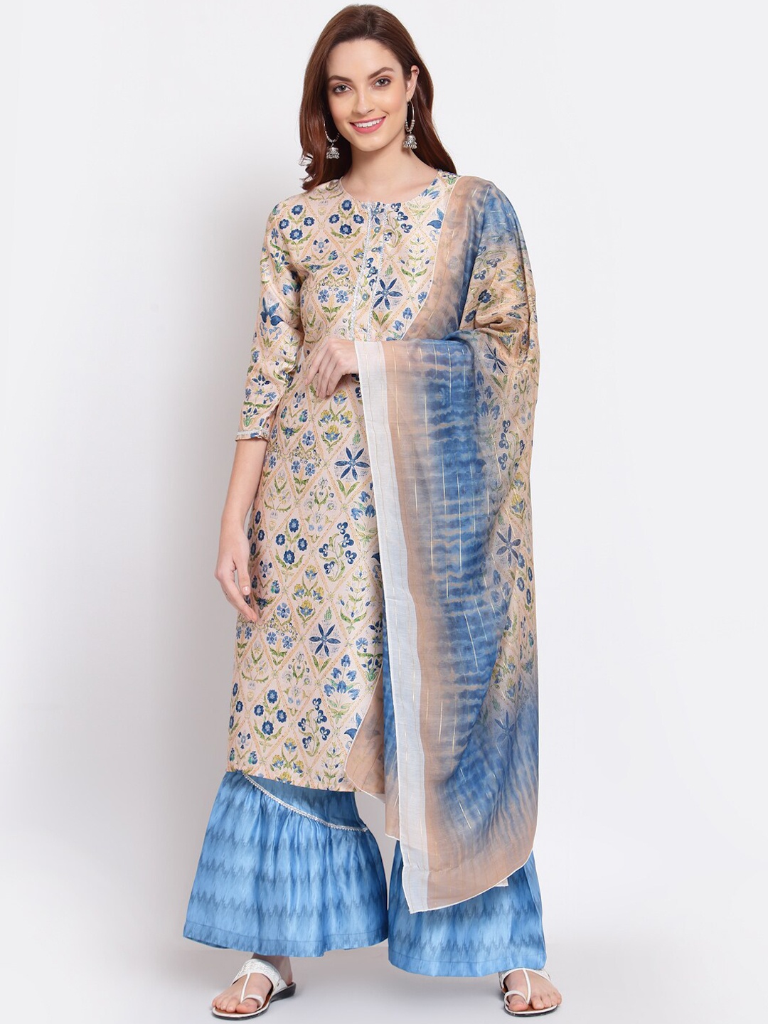 

Myshka Women Beige Floral Printed Regular Pure Silk Kurta with Sharara & With Dupatta