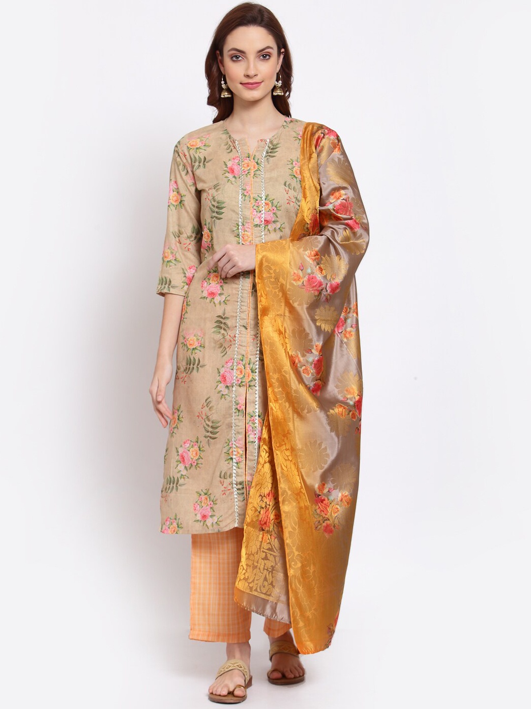 

Myshka Women Beige & Pink Floral Printed Pure Silk Kurta With Trousers & Dupatta