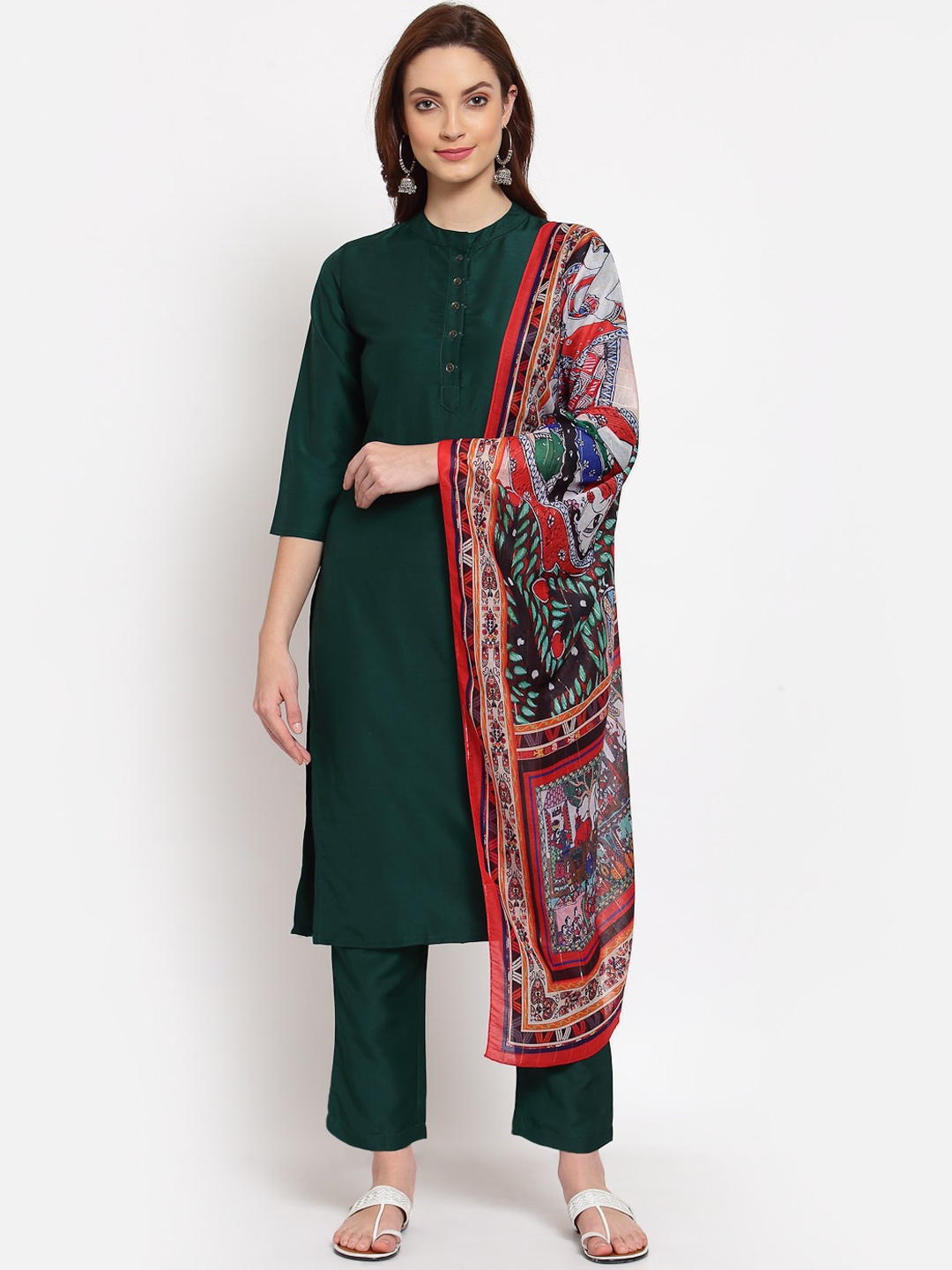 

Myshka Women Green Solid Regular Pure Cotton Kurti Set With Dupatta