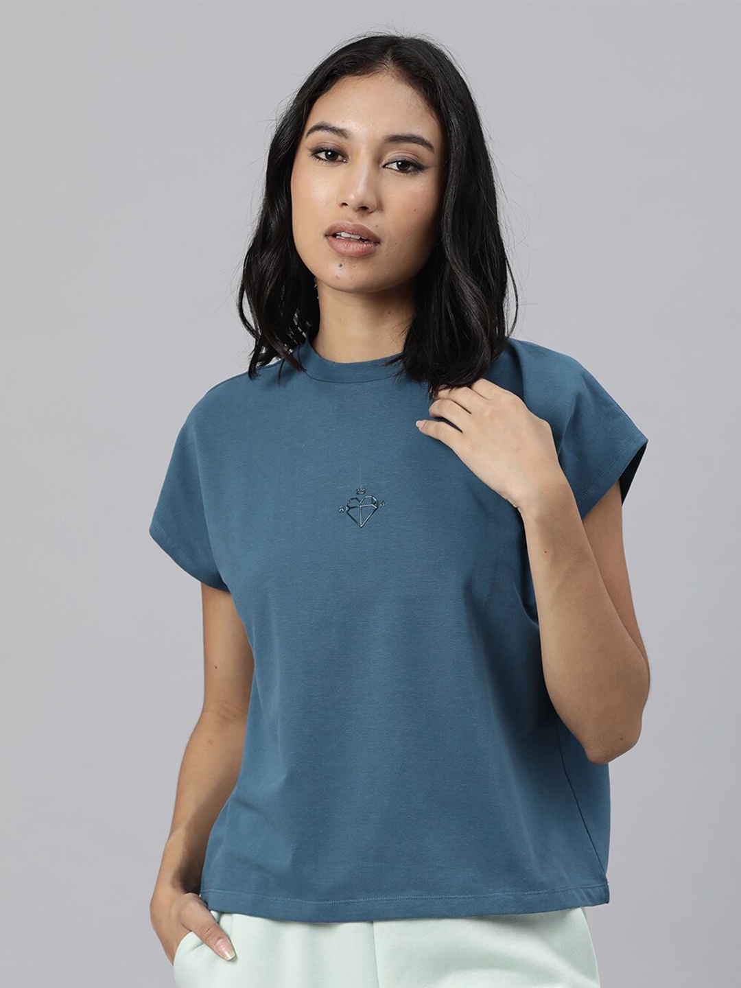 

RAREISM Women Teal Blue Solid Loose T-shirt