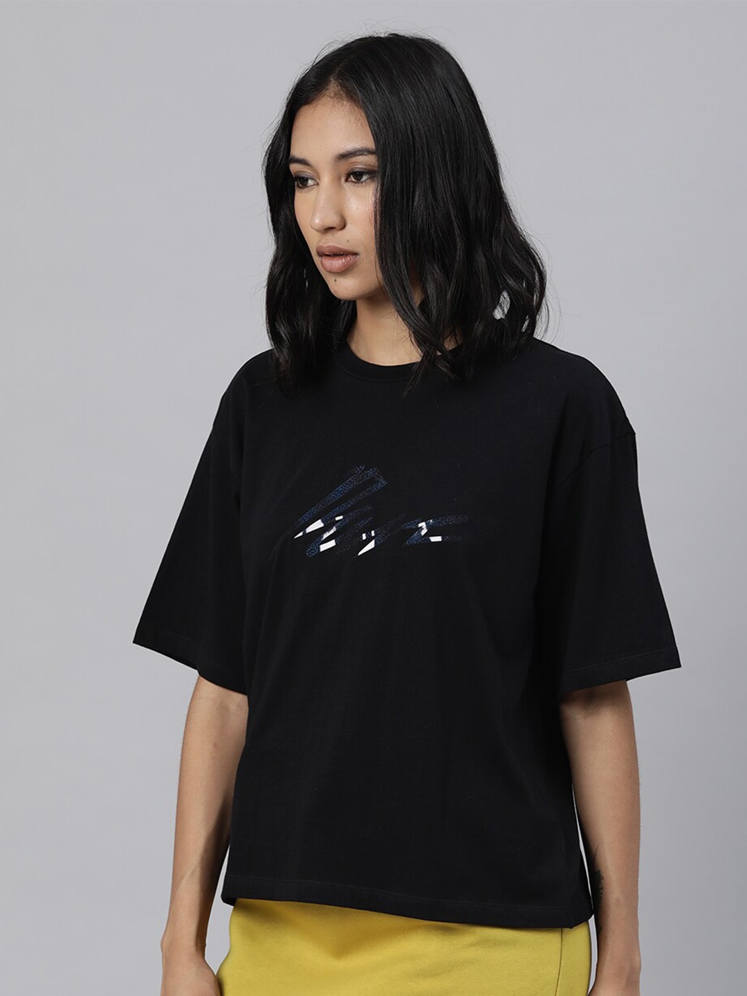

RAREISM Women Black V-Neck Drop-Shoulder Sleeves Pockets Loose T-shirt