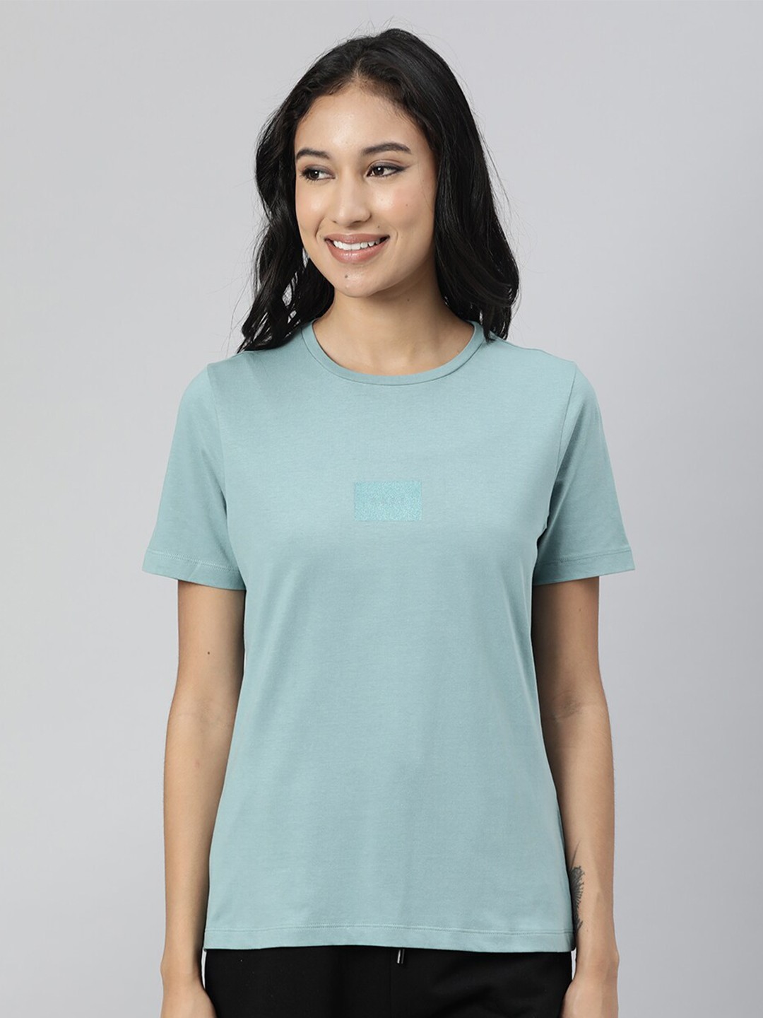 

RAREISM Women Blue Solid Cotton T-shirt