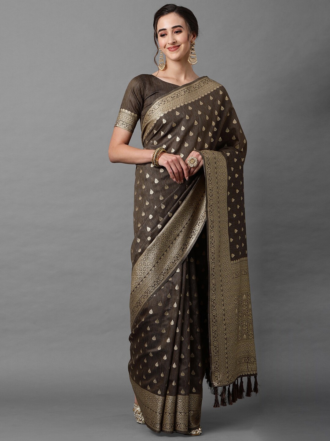 

Mitera Brown & Gold-Toned Woven Design Zari Silk Blend Banarasi Saree
