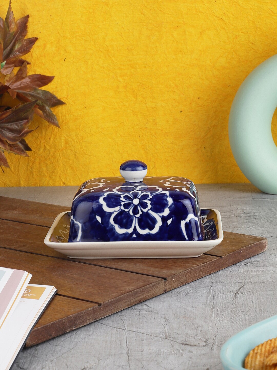 

MIAH Decor Blue Hand-Painted Butterdish for Dining Table Accessories