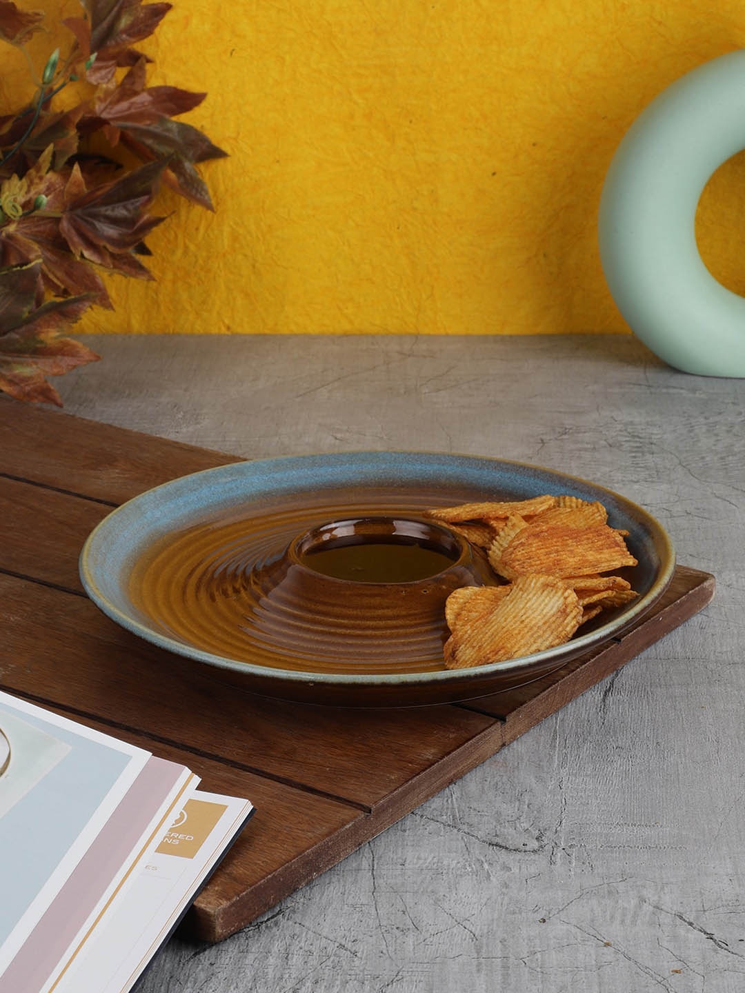 

MIAH Decor Brown & Blue Ceramic Handcrafted Chip & Dip Server