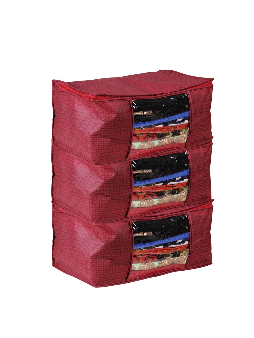 

Story@home Set Of 3 Maroon Printed Underbed Storage Bags With Transparent Window