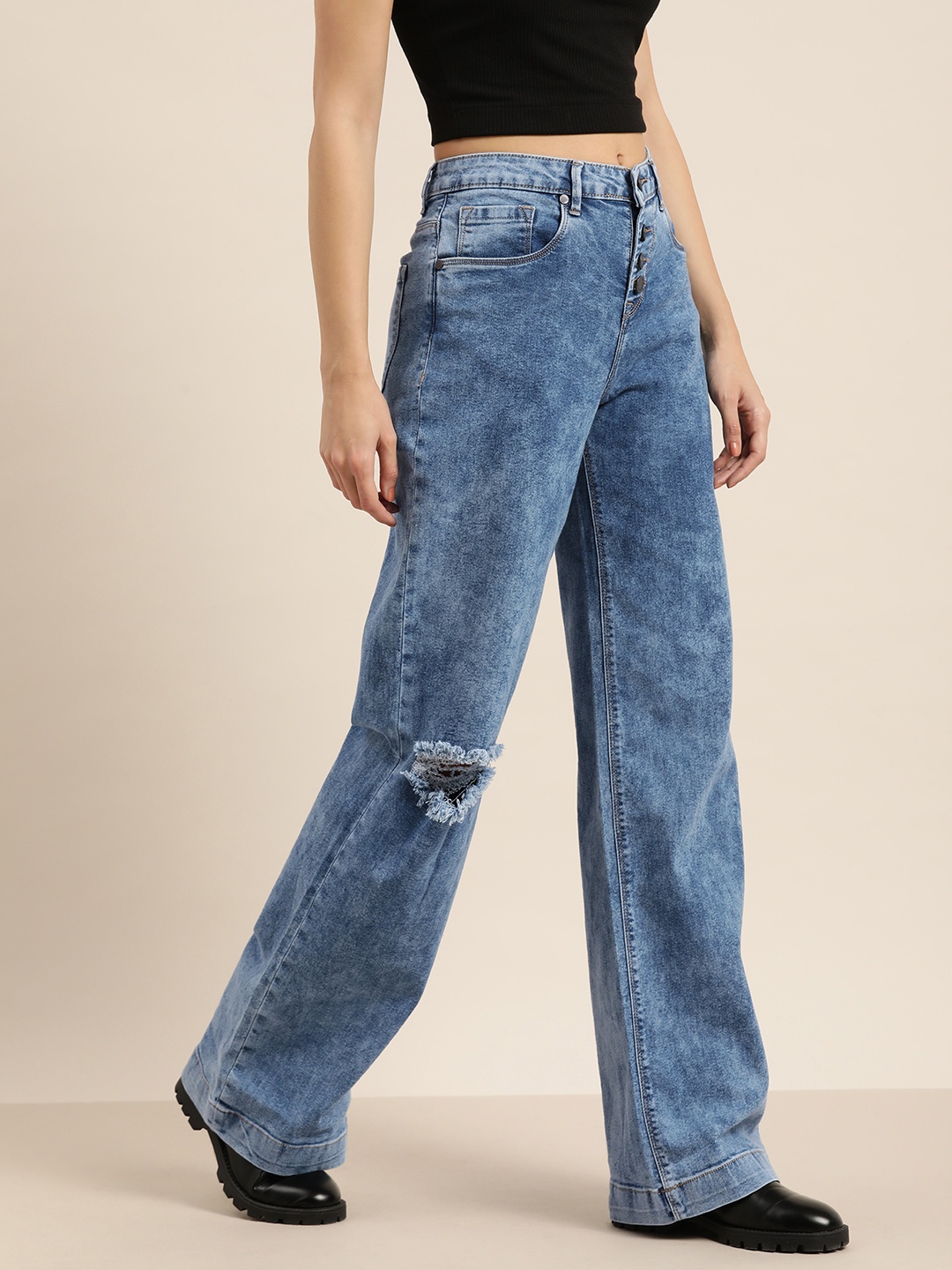 

Moda Rapido Women Blue Wide Leg Highly Distressed Light Fade Stretchable Jeans