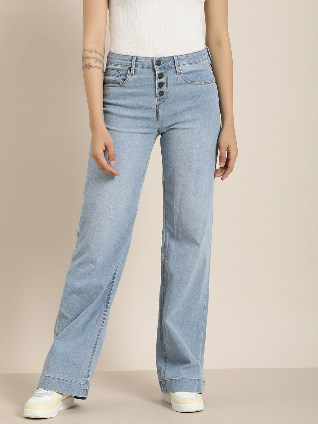 

Moda Rapido Women Blue Wide Leg Mid Rise Light Fade Stretchable Jeans