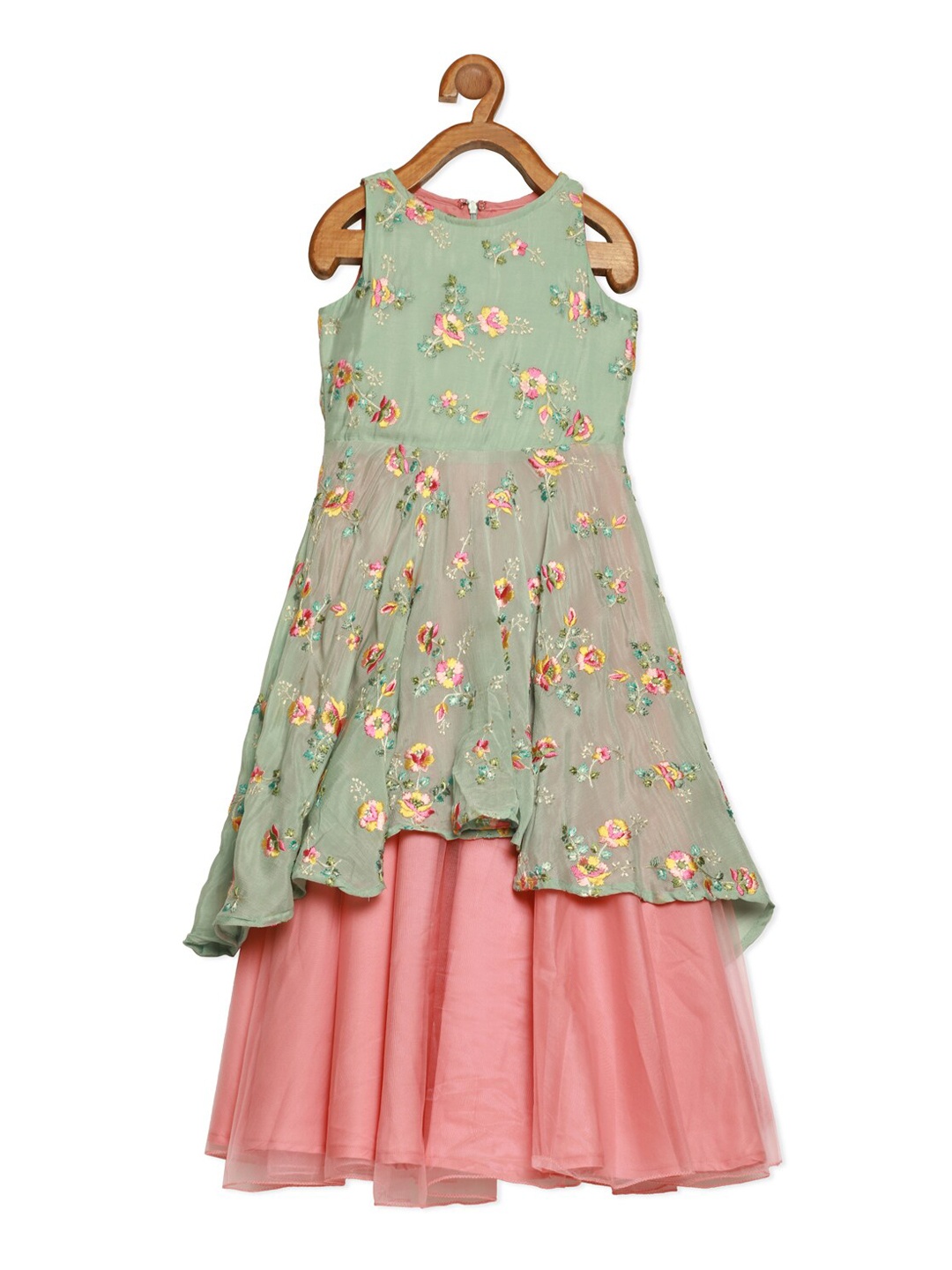 

Ethnovog Sea Green Peach-Coloured Floral Embroidered Chiffon Ethnic Maxi Dress