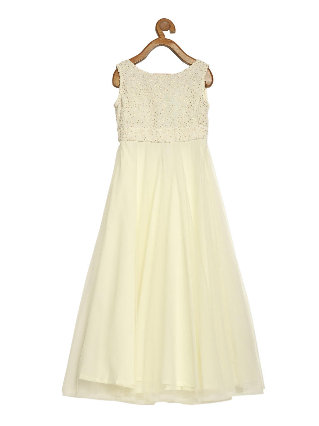 

Ethnovog White Floral Embroidered Net Fit Flare Maxi Full Circular Gown