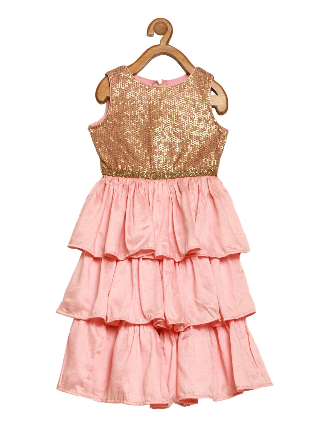 

Ethnovog Girls Pink Gold-Toned Embellished Tiered Fit Flare Dress