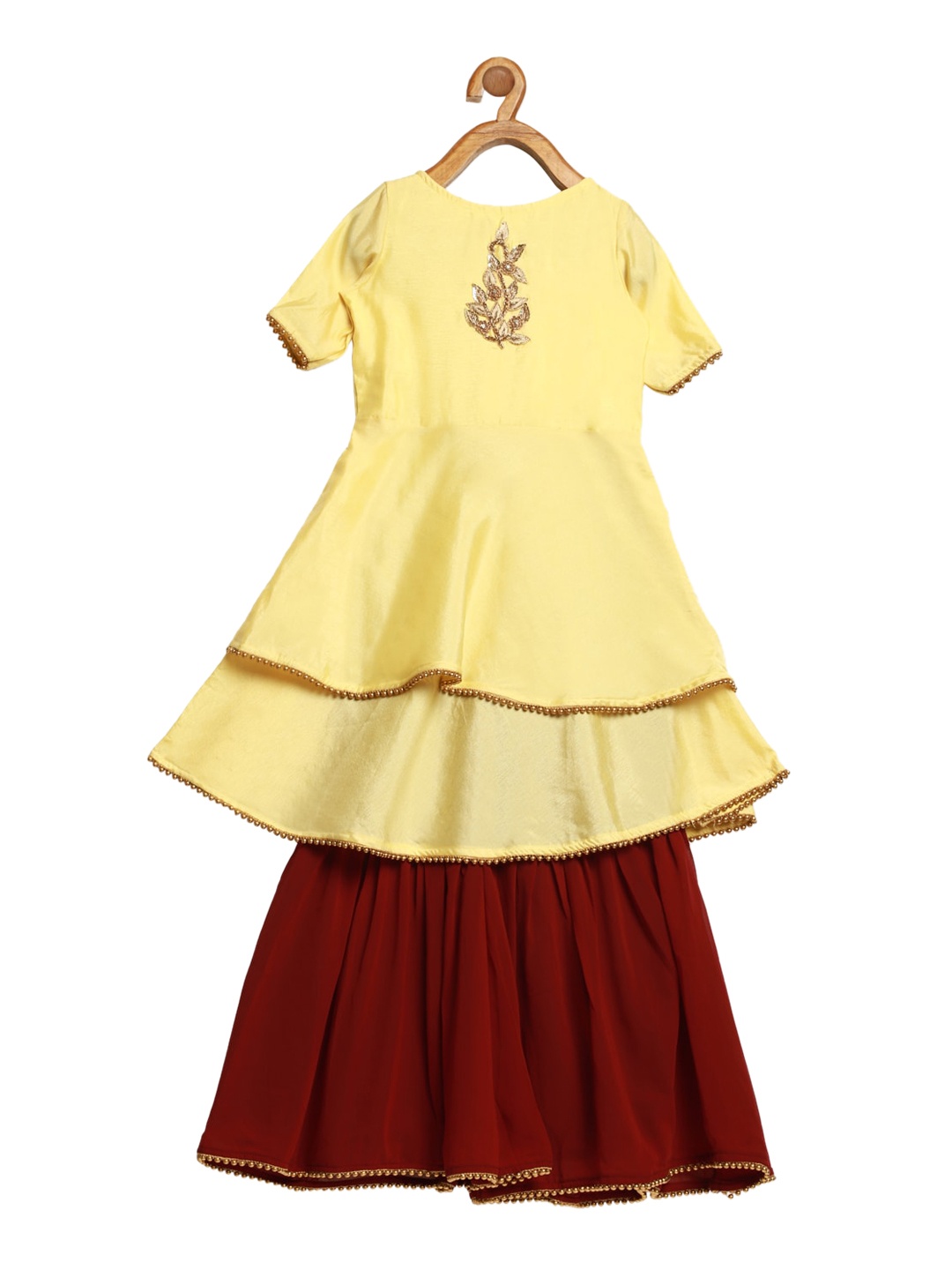 

Ethnovog Girls Yellow Burgundy Ethnic Motifs Embroidered Tiered Kurti With Sharara