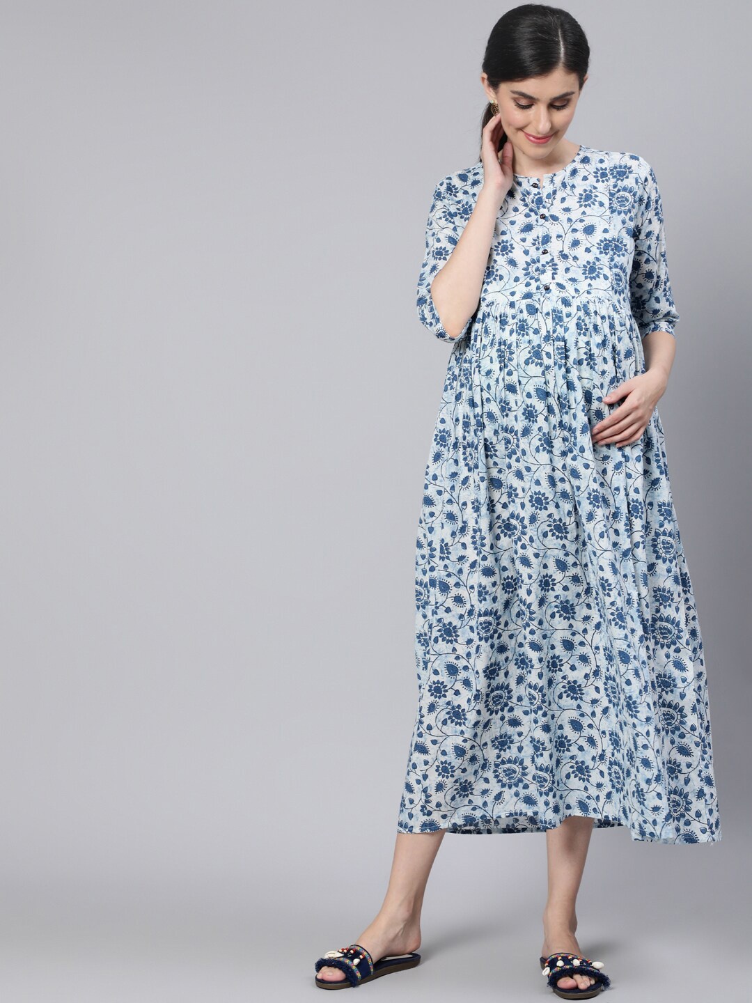 

Nayo Off White & Blue Floral Printed Maternity Cotton Maxi Midi Dress