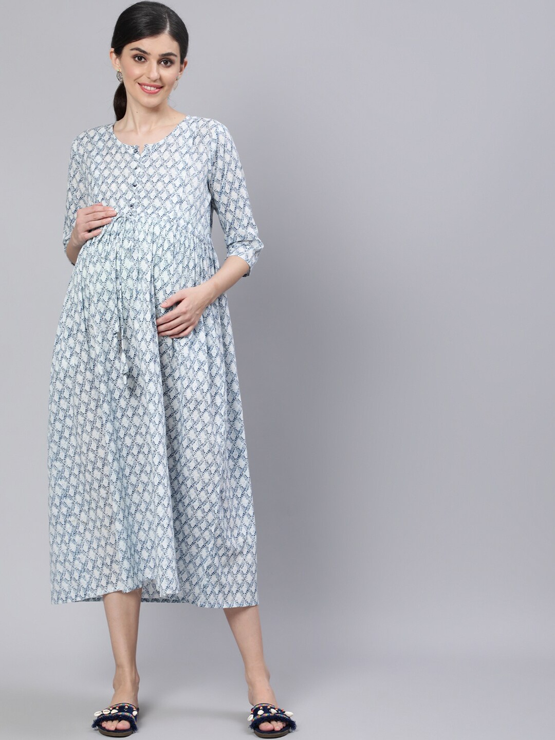 

Nayo Off White Ethnic Motifs Maternity Nursing A-Line Midi Dress