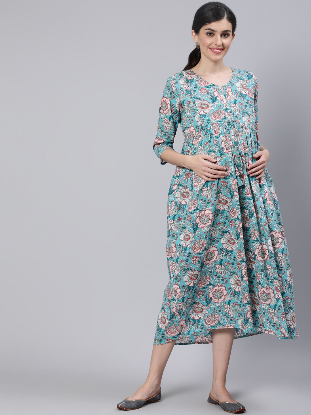 

Nayo Blue Floral Maternity Printed A-Line Midi Dress